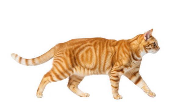 Orange Tabby Cat Walking Side Profile With Striped Fur Isolated On White Background