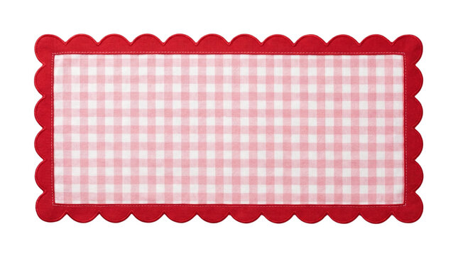 Pink gingham checkered fabric label with solid red scalloped border on a transparent background