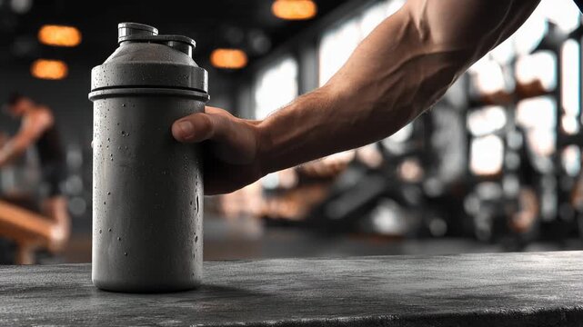 Ultra HD Muscular athlete grabbing a black protein shaker bottle in a modern gym 4K Video 