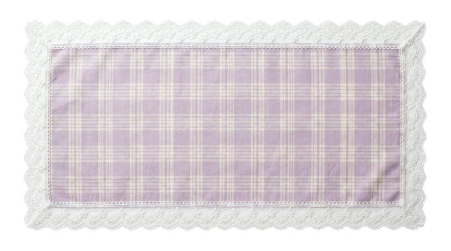 Lavender purple plaid fabric placemat with delicate white lace border on a transparent background