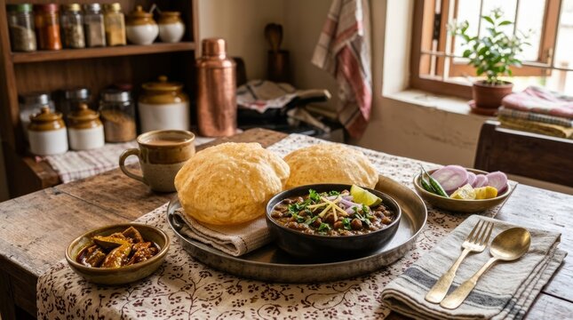 Hearty Indian breakfast with fluffy poori and savory chana masala served on a rustic table