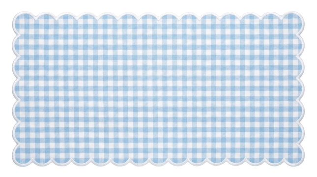 Light blue gingham checkered fabric napkin with scalloped stitched edge on a transparent background