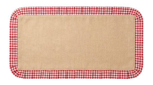 Natural burlap canvas label with red gingham checkered ruffled border on a transparent background