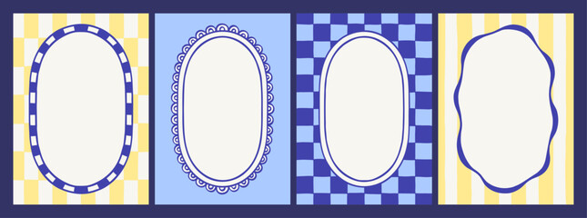 Fototapeta premium Set of four Mediterranean card templates in blue, yellow, and white with striped and checkered backgrounds. Blank framed labels with oval and scalloped shapes for menus, stationery, and packaging.