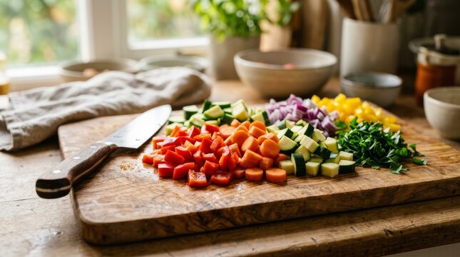 Freshly chopped colorful vegetables neatly arranged on a wooden cutting board, ready for cooking.