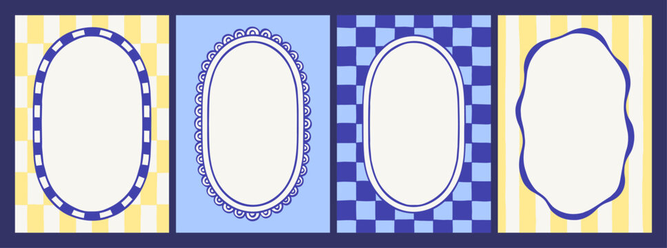 Set of four Mediterranean card templates in blue, yellow, and white with striped and checkered backgrounds. Blank framed labels with oval and scalloped shapes for menus, stationery, and packaging.