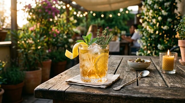 Refreshing cocktail on a rustic wooden table in a lush garden setting with warm evening light.