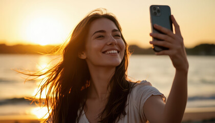 The woman takes a selfie on the beach during sunset. The sunset lights up her smile and the beach creates a serene backdrop for her joyful moment.