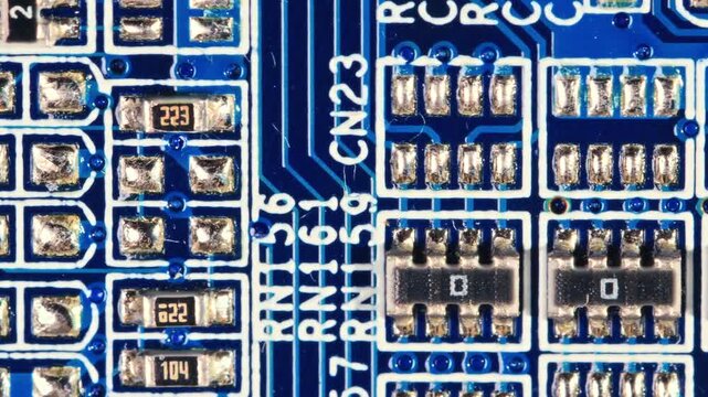 SMD resistors, IC chips and crystal oscillator populate a blue PCB surface in extreme macro close-up under studio lighting