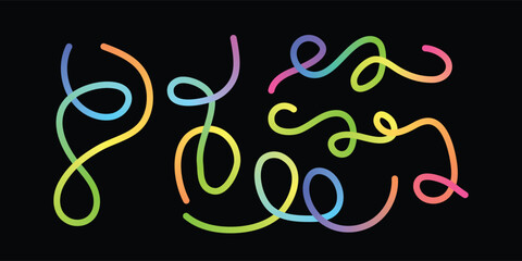 Obraz premium Assortment of abstract looping lines in full spectrum rainbow gradients, creating playful and diverse patterns on a dark black background, representing creativity and movement
