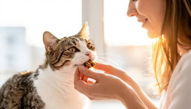 A woman feeds a cat. The cat eagerly receives food from the woman's hand, showcasing their bond in a well-lit room.