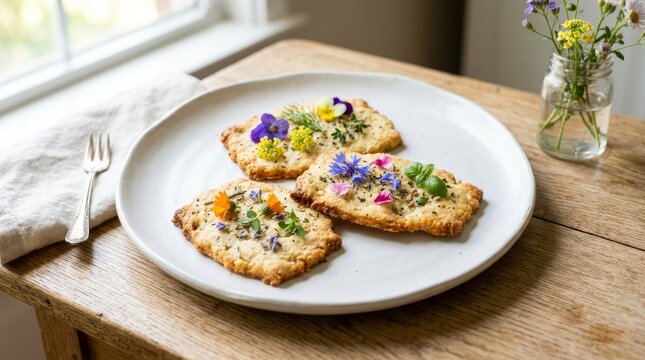 Artistic flatbreads adorned with vibrant edible flowers and herbs on a rustic wooden table