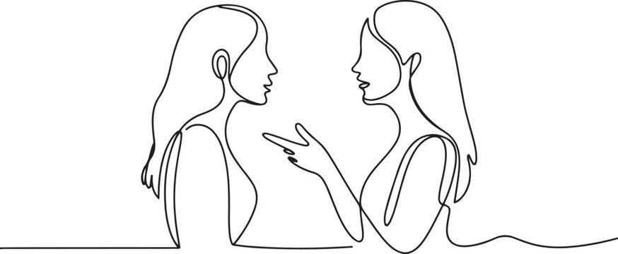 continuous single drawn one line two girlfriends talking hand-drawn picture silhouette. Line art. one line Icon drawing