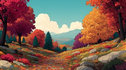 Fototapeta premium Hand-Drawn Illustration of a Woodland Path Surrounded by Colorful Trees
