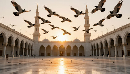 Naklejka premium A serene courtyard features elegant architecture. Birds soar above the mosque as the sun rises in the background, creating a peaceful atmosphere.