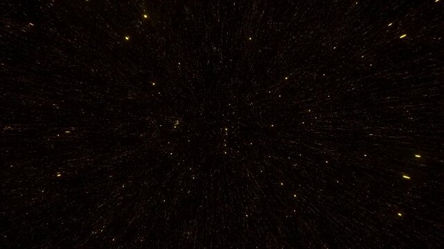 Tracking shot of starfield accelerating forward through outer deep space with streaking golden lights and immersive forward motion across cosmic void