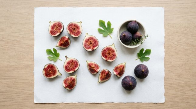 Fresh ripe figs artfully arranged on a textured white surface with green leaves