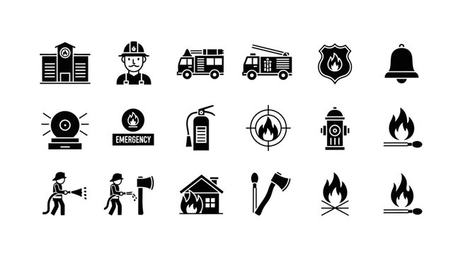 Minimalist flat vector illustration set of firefighting and fire safety icons arranged in a clean grid layout.