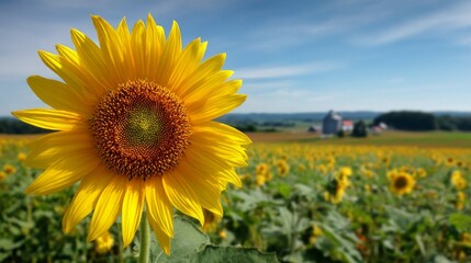 Fototapeta premium Bright Sunflower Facing the Sun in a Rural Field with Blue Sky Background