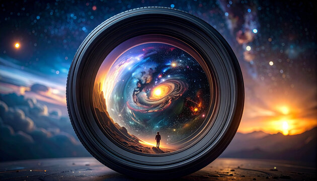 Cosmic view inside a camera lens capturing the universe with a silhouette