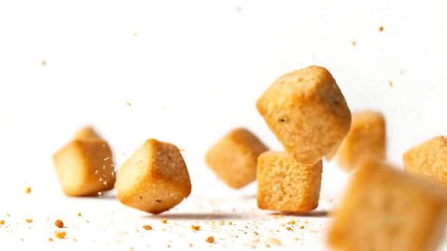 Crispy bread croutons floating in air on white background with crumbs