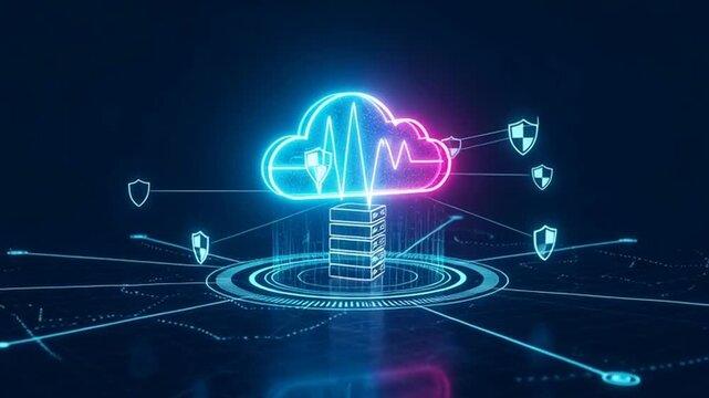 Neon cloud icon with shield symbols surrounds a server on a futuristic circuit board background