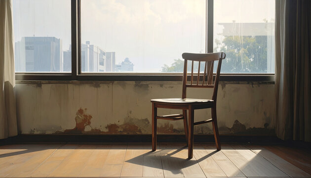Wooden chair in front of a window overlooking a cityscape with sunlight