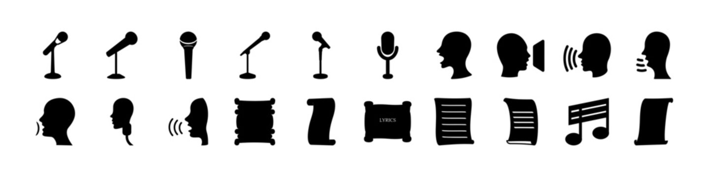 Microphones and Music Stage Silhouette Icon Set - Black silhouettes of microphones, speakers, musical notes, and stage equipment arranged as an audio performance and music production icon collection.