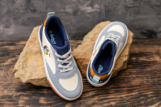 Pair of Bluey cartoon sneakers with Bingo character kids shoes product display
