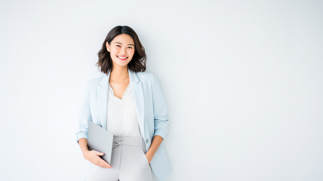 Smiling young Asian businesswoman holding a laptop against a white background. Happy professional woman standing in smart casual attire. Corporate portrait with copy space