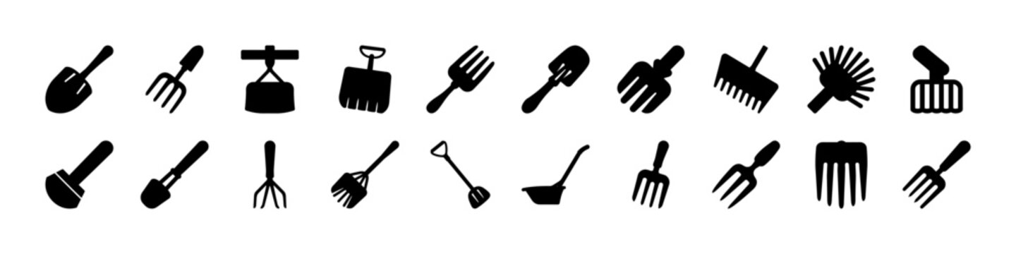 Garden Tools and Rakes Silhouette Icon Set - Black silhouettes of gardening tools including rakes, shovels, hoes, and pitchforks arranged as an agriculture and yard work icon collection.