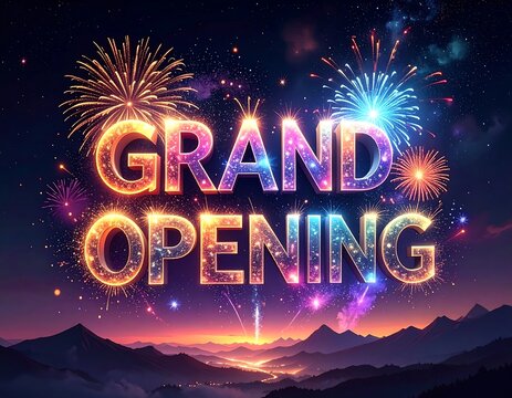 A vibrant celebratory image with "GRAND OPENING" in colorful illuminated text set against a dark night sky with fireworks and mountain silhouettes