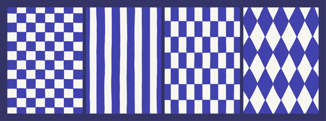 Set of four Mediterranean geometric backgrounds in blue and white with checkered, striped, and diamond patterns. Retro coastal collection for packaging, stationery, fabric, wallpaper, and prints.