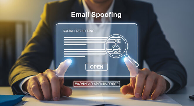 Businessman interacting with a virtual screen displaying email spoofing and social engineering warnings, highlighting cybersecurity threats and online fraud