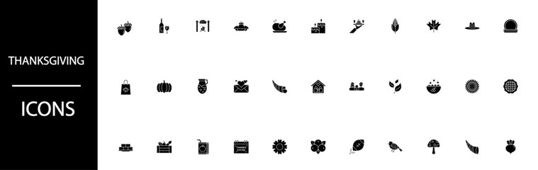 Collection of black and white icons representing traditional thanksgiving holiday themes © Posh Pallete