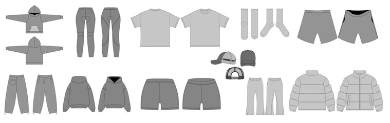 Diverse collection of grey apparel templates for modern clothing design. © Posh Pallete
