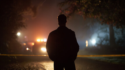 Fototapeta premium Silhouette observes an urban incident scene at night as emergency vehicle lights illuminate the foggy atmosphere, creating a mysterious mood