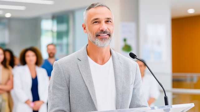 Confident middle-aged man speaking at a podium in a hospital. Medical director giving a speech with staff in background. Healthcare leadership concept