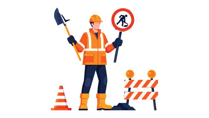 Construction Worker at Work: A diligent construction worker stands ready on a job site, holding a shovel and traffic sign, ensuring safety and managing the construction zone. © hafs121
