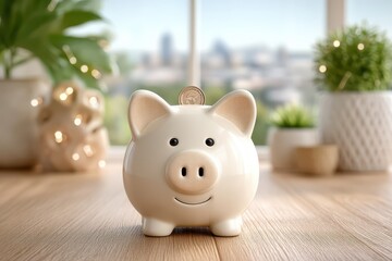Luxury piggy bank with glittered snout and gold coin in slot, festive lights and warm decor on table, closeup texture and sparkle, goalbased saving and celebration concept