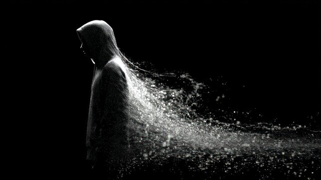 Silhouette of a person with dispersing particles on black background
