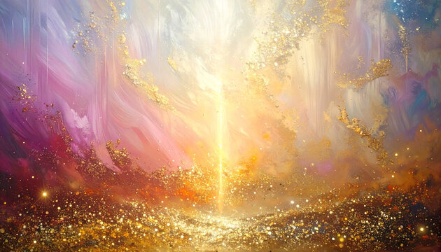 Abstract artwork of light radiating through colorful textured clouds