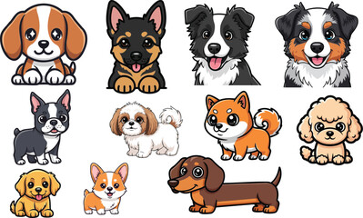 Naklejka premium Chibi Dog Breed Icon Set, Cute Kawaii Puppy Vector Collection, A delightful collection of 11 professional chibi,German Shepherd, Border Collie,Australian Shepherd, French Bulldog,
