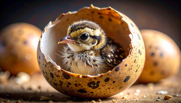Baby bird hatching from an egg concept of new life and beginning