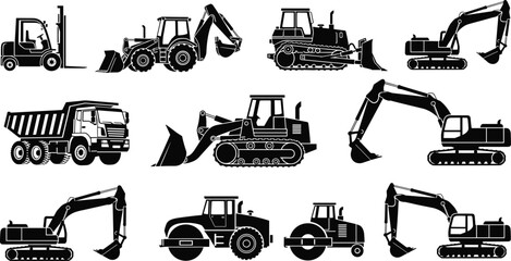 Heavy construction machinery and earthmoving equipment icons set, solid vector illustrations for industrial building projects. © VactorZone