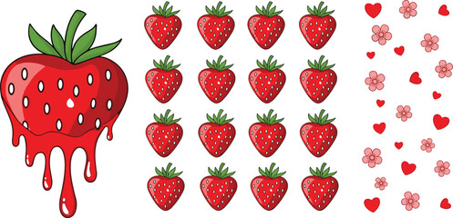 Cute strawberry icon set. Cartoon strawberries with dripping fruit, hearts and flowers. Sweet berry illustration collection for stickers, packaging, dessert design, romantic theme. © HELEN QUEEN