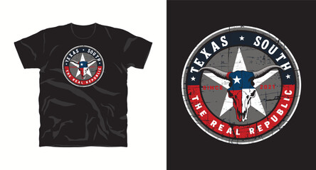Fototapeta premium Texas south real republic emblem with longhorn skull and star in patriotic colors