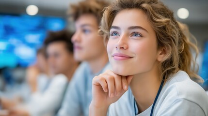 Obraz premium Thoughtful young caucasian woman in classroom setting with blurred background