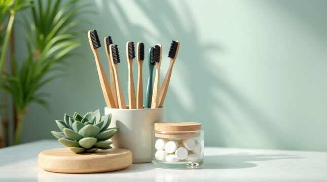 Bamboo toothbrushes in ceramic holder with toothpaste tablets, sustainable oral care
