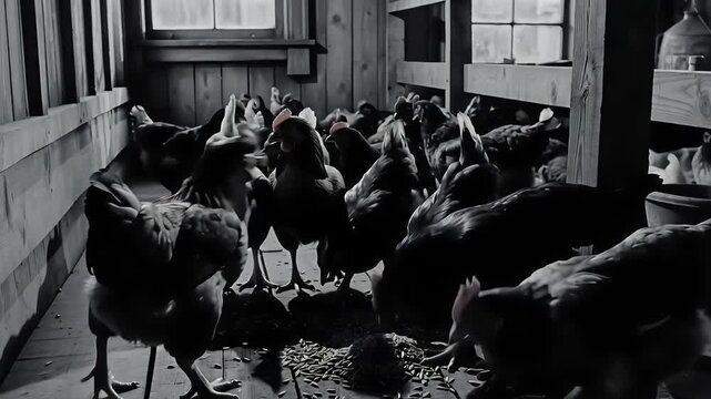 Chicken hens feeding inside ranch barn coop, Livestock Bird, Poultry Bird Animal, Egg Production, Sustainable Farming Monochrome